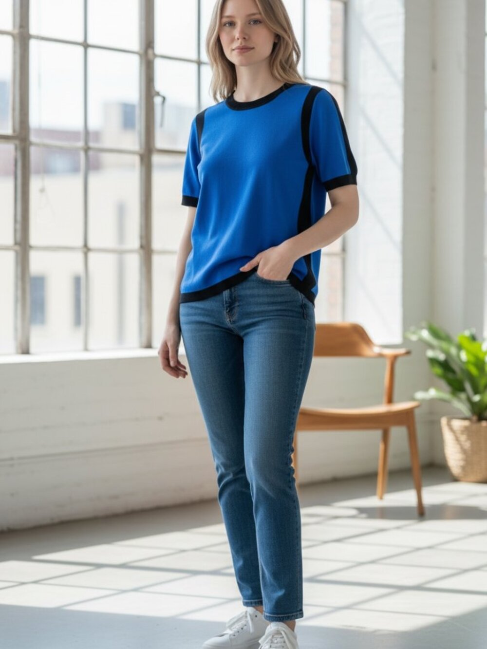 LIZ CLAIBORNE, SHORT SLEEVES, BLUE AND BLACK FASHION TOP, SIZE LARGE